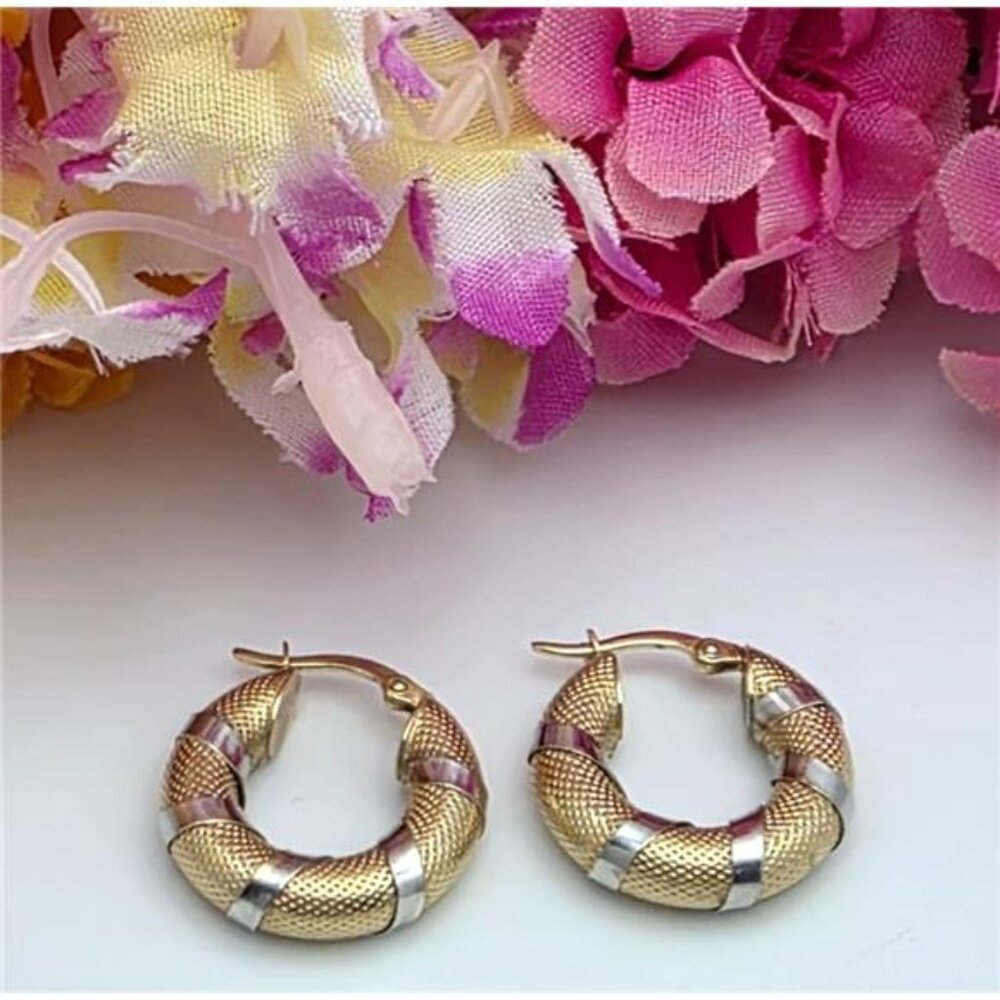 10K Yellow and White Gold Textured Hoop Earrings Hinged 20.6mm